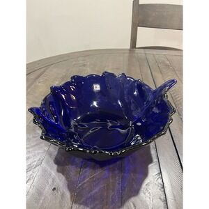 Blenko Large Glass Cabbage‎ Leaf Bowl 12in Dark Blue Cobalt Molded